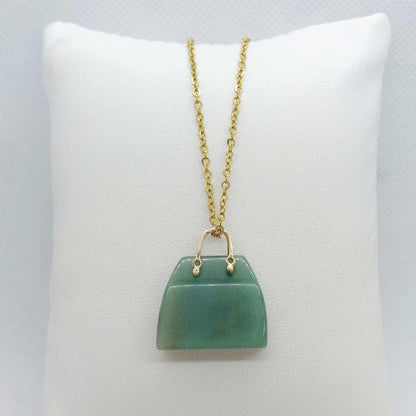 Natural Green Aventurine Handbag Pendant with Gold Plated Stainless Steel Chain Necklace