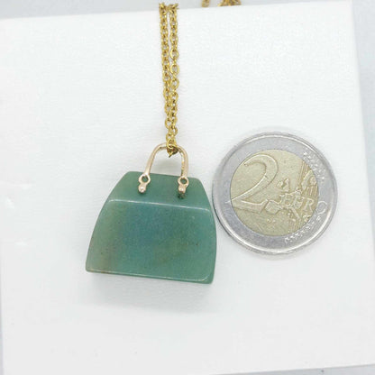 Natural Green Aventurine Handbag Pendant with Gold Plated Stainless Steel Chain Necklace