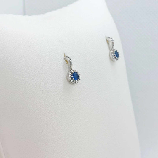 Natural Sapphire and Micro Diamonds Stud Earrings in Solid 18K White Gold - Pre Loved