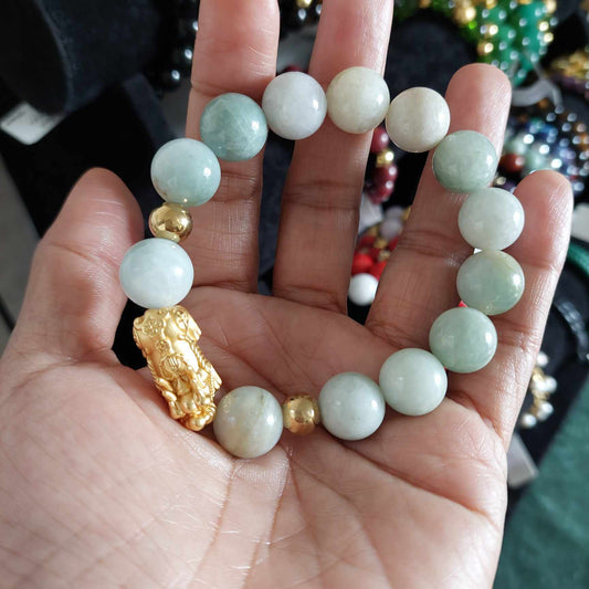 Natural Burmese Jade with Silver Pixiu Bracelet in 12mm Stones