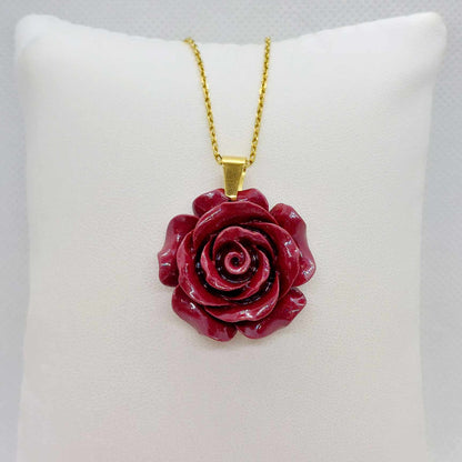 Cinnabar Rose Pendant with Stainless Steel Necklace