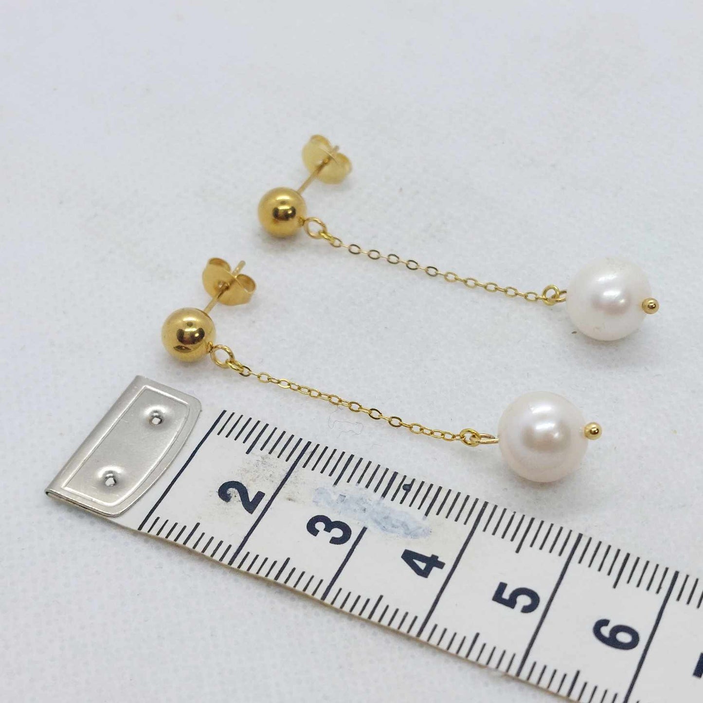 Natural Freshwater Pearl Dangle Stud Earrings in Gold Plated Stainless Steel