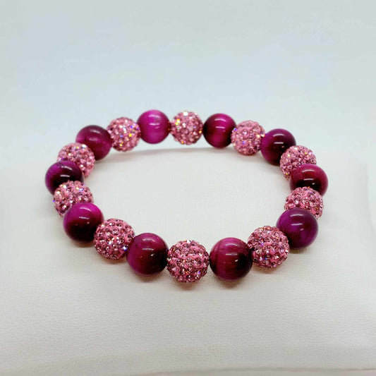Pink Tiger Eye with Pink Sparkle Beads Bracelet with 10mm Stones