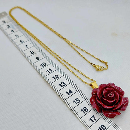 Cinnabar Rose Pendant with Stainless Steel Necklace