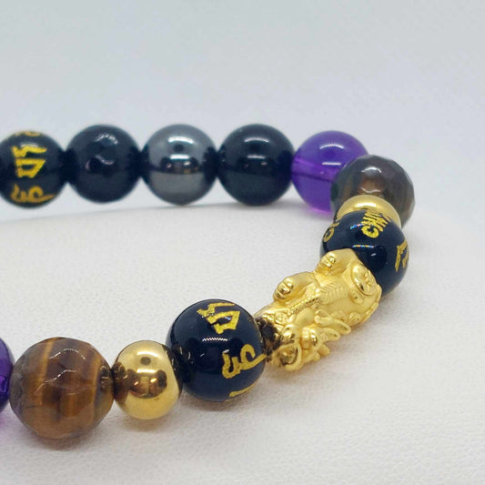 Natural Stone Bracelet with Silver Pixiu, Obsidian, Hematite, Amethyst & Tiger Eye in 10mm Stones
