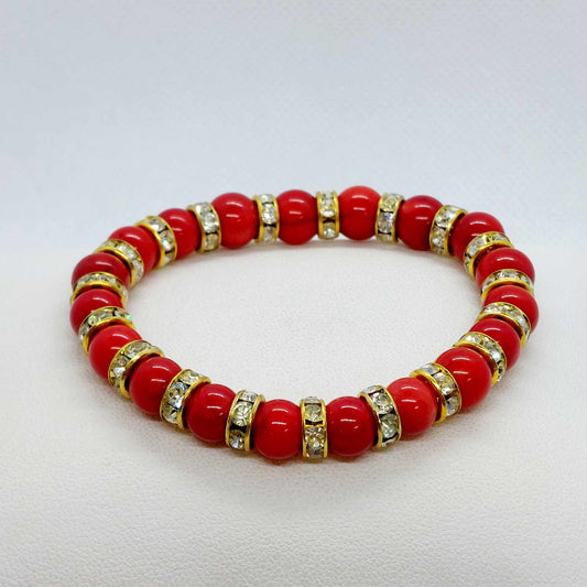 Natural White Coral Dyed Red Bracelet with 8mm Stones and Rhinestone Spacers