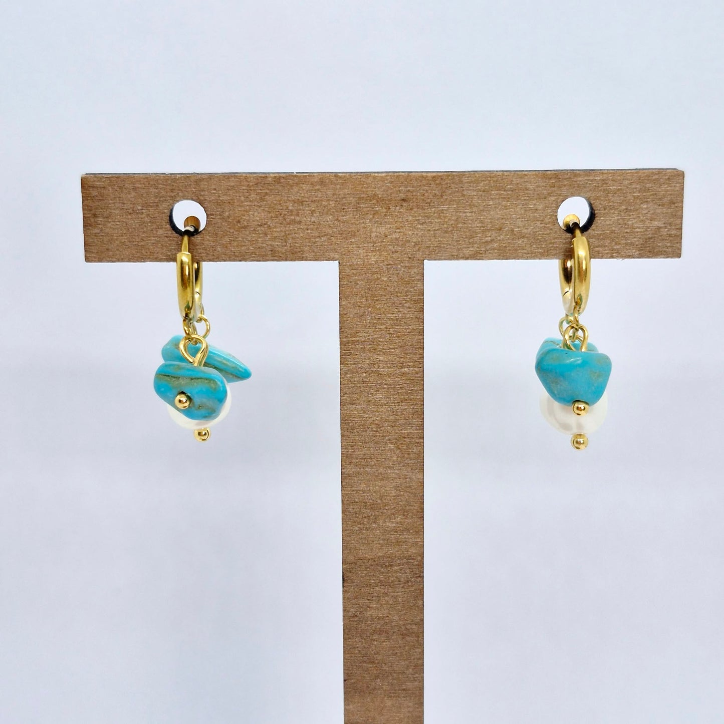 Natural Pearl and Turquoise Earrings in Gold Plated Stainless Steel