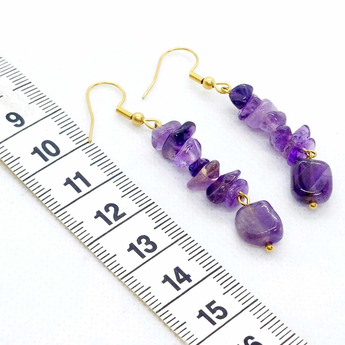 Natural Stone Dangle Earrings in Stainless Steel Gold Plated Amethyst, Tiger Eye, Strawberry Quartz and Prehnite