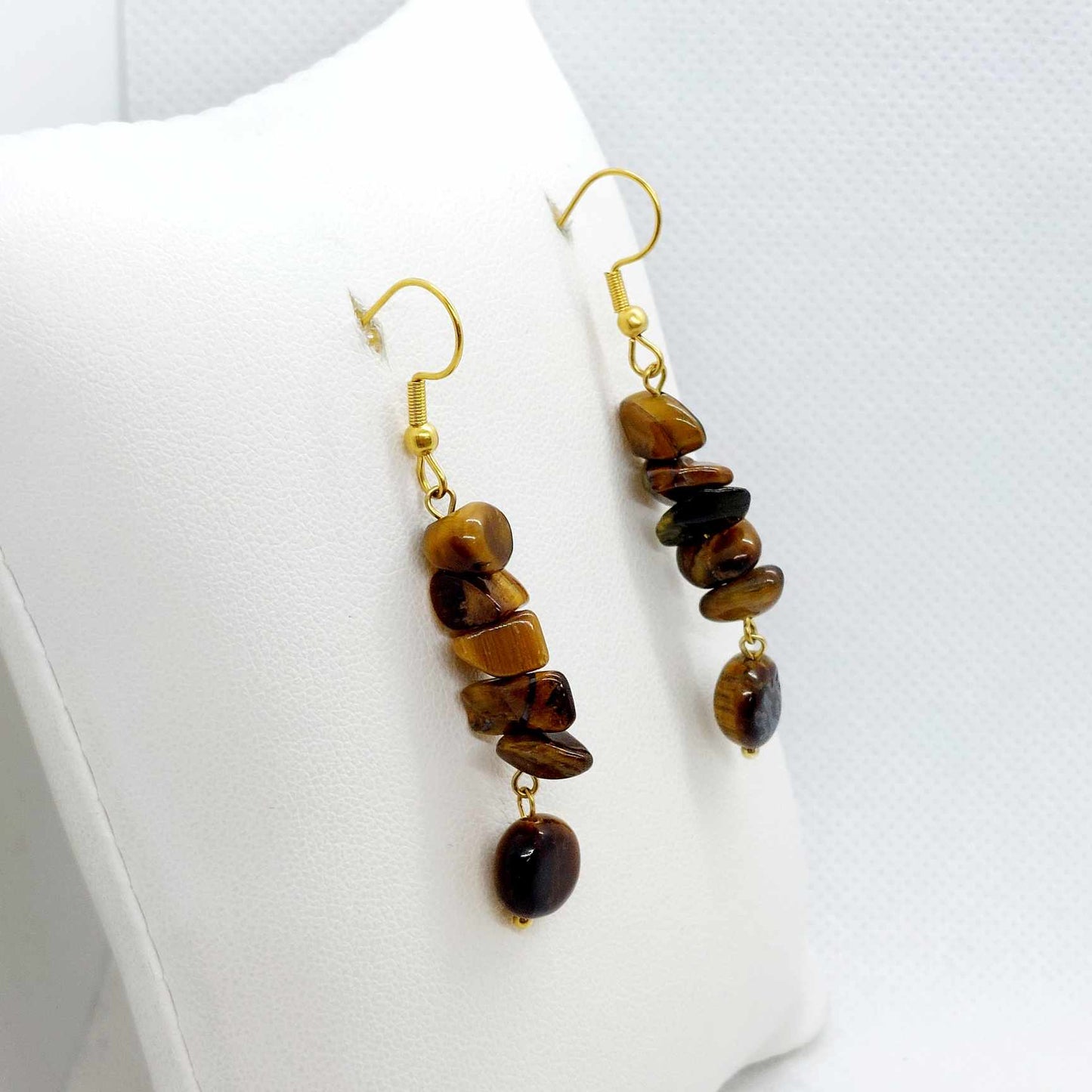 Natural Stone Dangle Earrings in Stainless Steel Gold Plated Amethyst, Tiger Eye, Strawberry Quartz and Prehnite