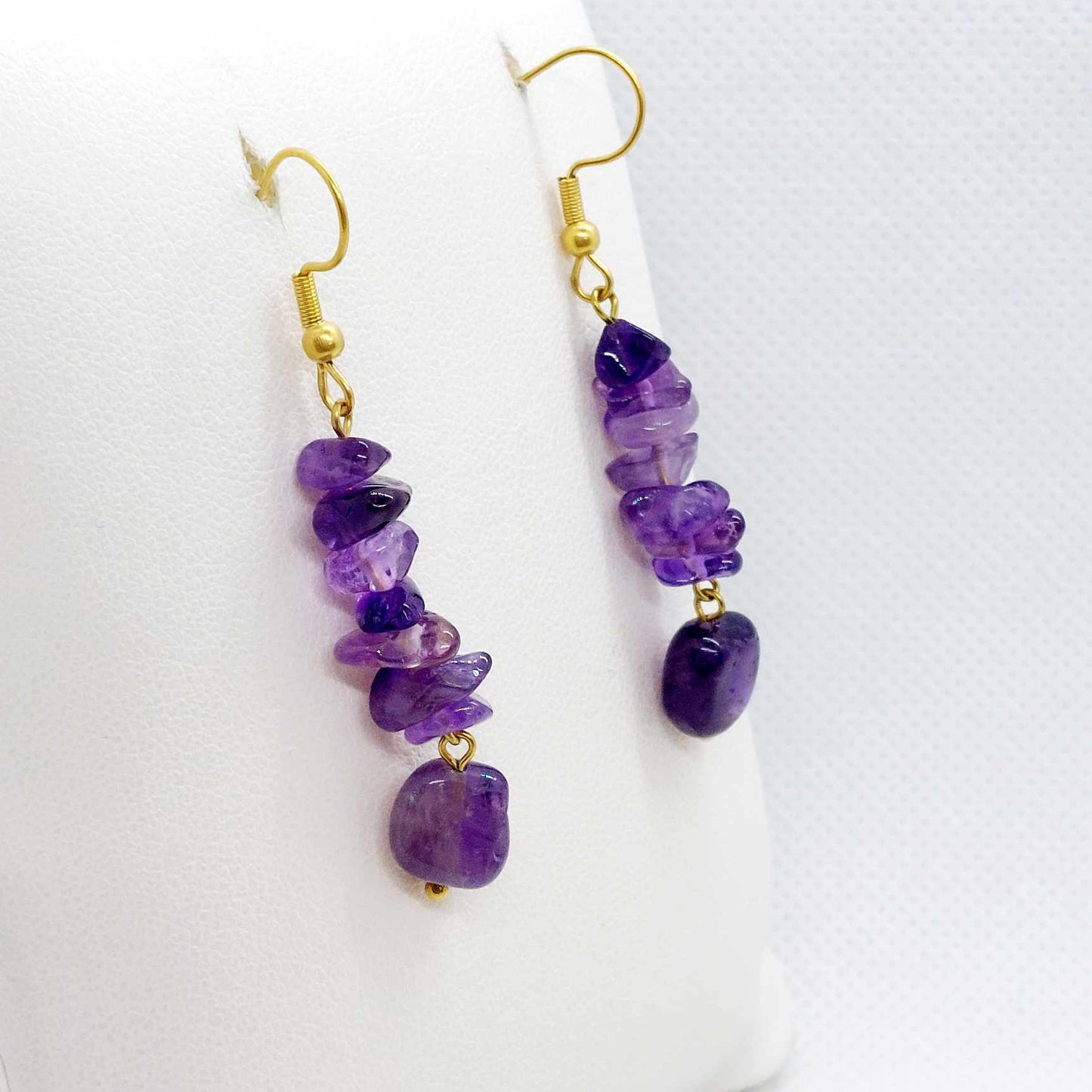 Natural Stone Dangle Earrings in Stainless Steel Gold Plated Amethyst, Tiger Eye, Strawberry Quartz and Prehnite