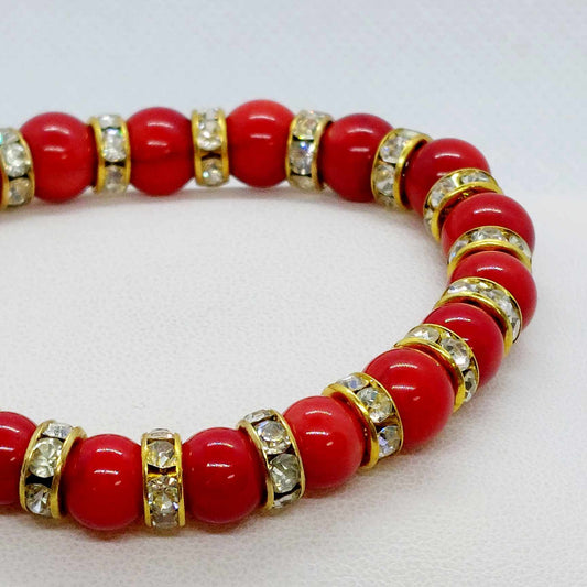 Natural White Coral Dyed Red Bracelet with 8mm Stones and Rhinestone Spacers