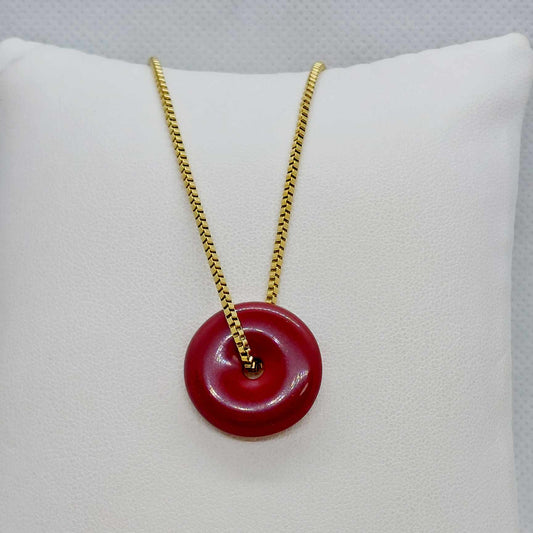 Synthetic Vermilion Cinnabar Donut Pendant with Stainless Steel Necklace