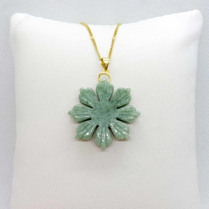 Natural Burmese Jade Sunflower Pendant with Gold Plated Stainless Steel Chain Necklace