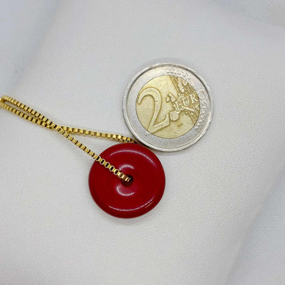 Synthetic Vermilion Cinnabar Donut Pendant with Stainless Steel Necklace