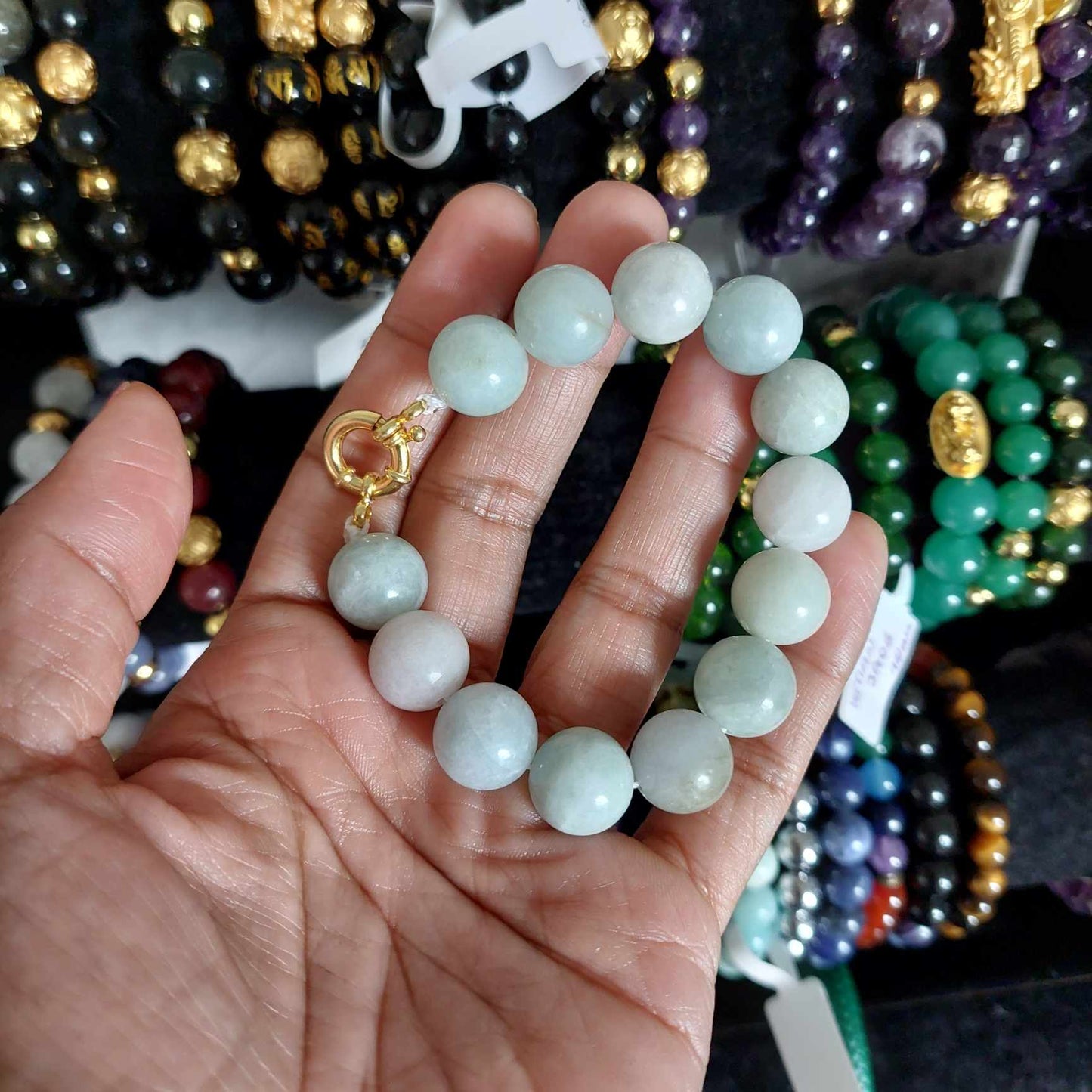 Natural Burmese Jade with Silver Pixiu Bracelet in 12mm Stones