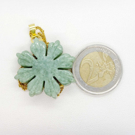 Natural Burmese Jade Sunflower Pendant with Gold Plated Stainless Steel Chain Necklace