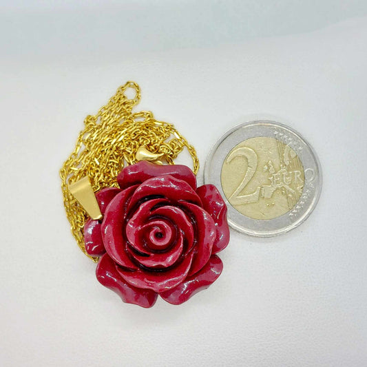 Cinnabar Rose Pendant with Stainless Steel Necklace