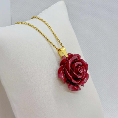 Cinnabar Rose Pendant with Stainless Steel Necklace