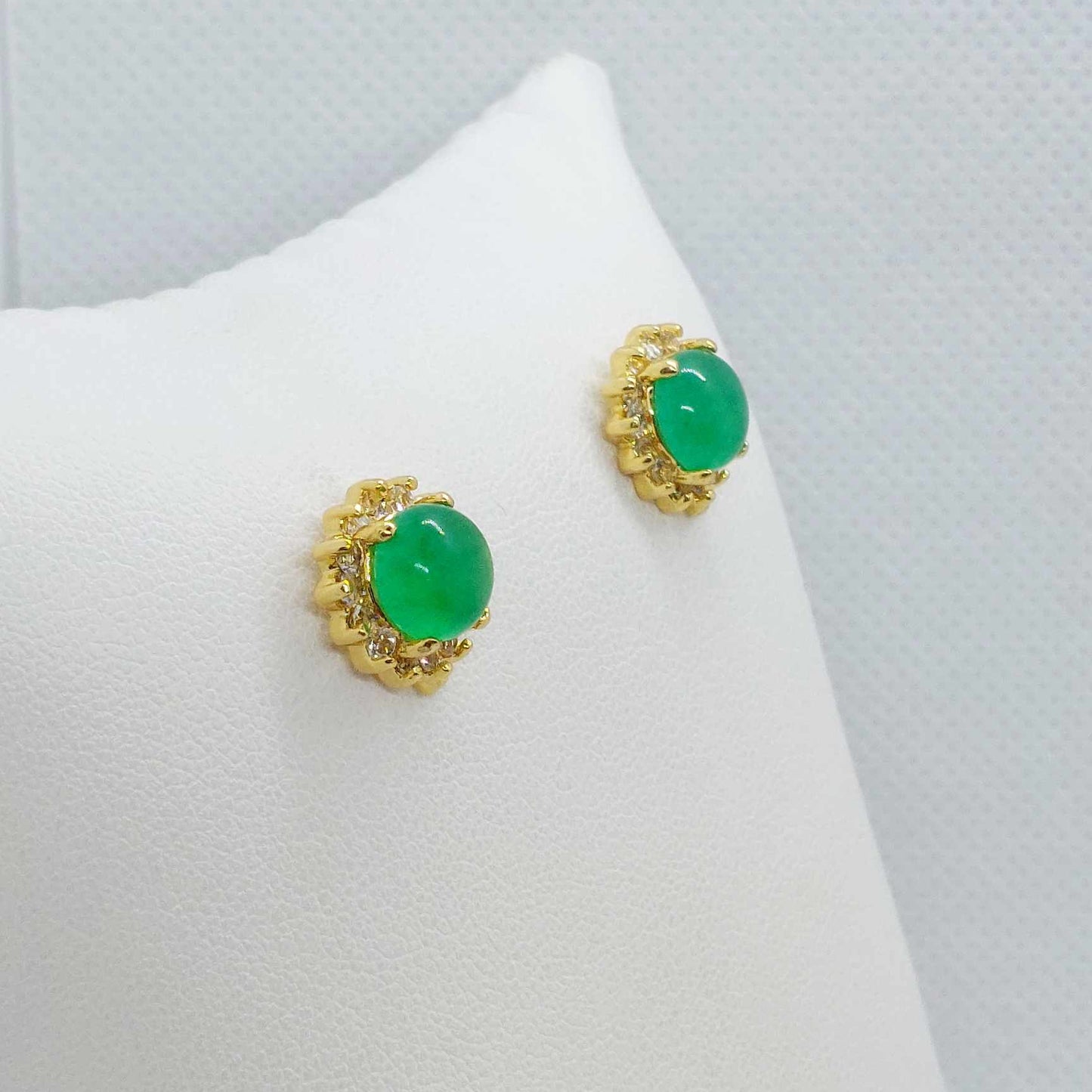 Natural Jade with Zircon Stud Earrings in Gold Plated Sterling Silver