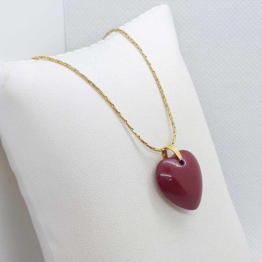 Synthetic Vermilion Cinnabar Heart Pendant with Stainless Steel Necklace