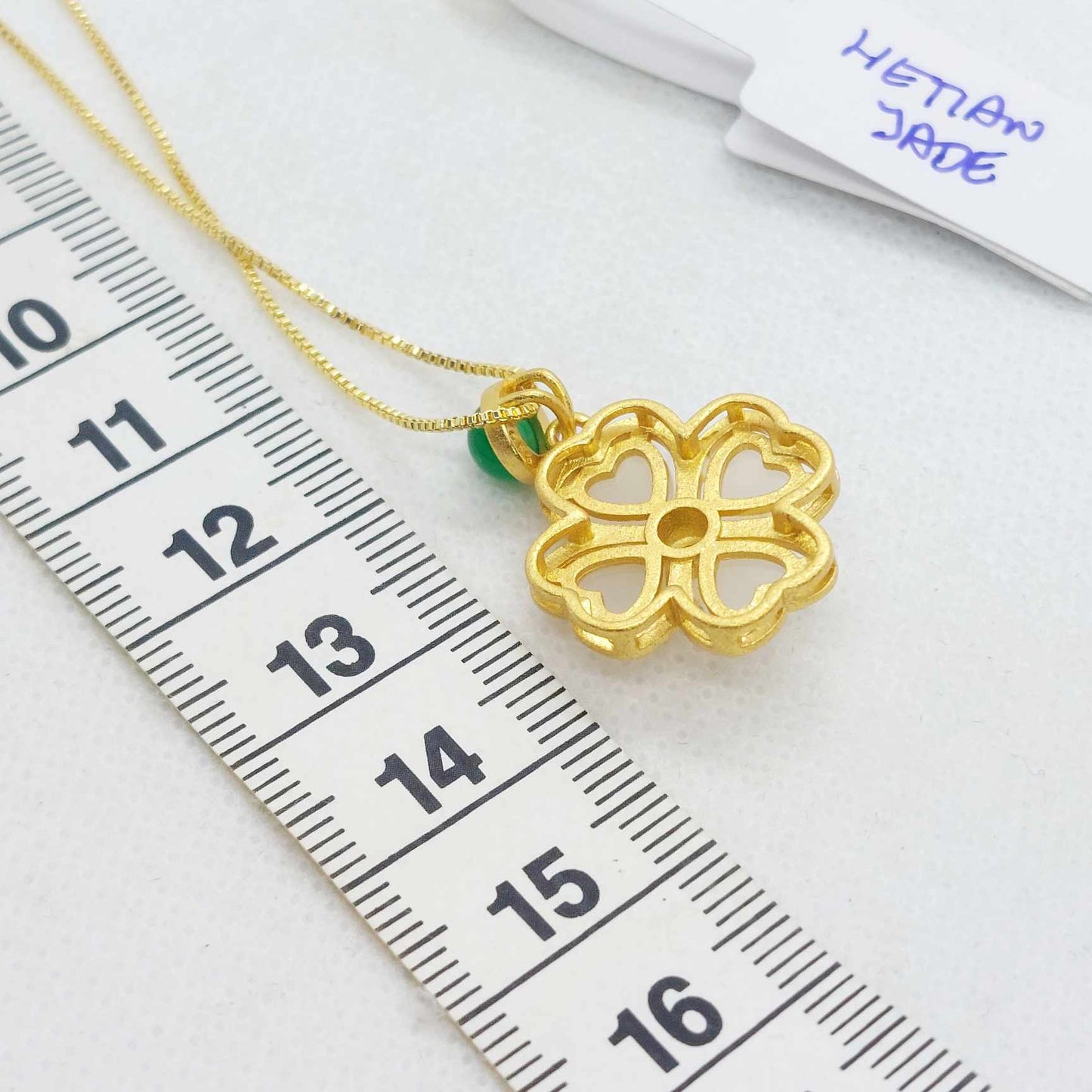 Natural White Hetian Jade Clover Pendant and chain necklace in Gold Plated Sterling Silver