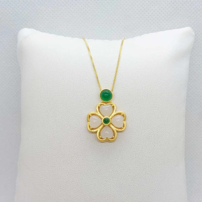 Natural White Hetian Jade Clover Pendant and chain necklace in Gold Plated Sterling Silver