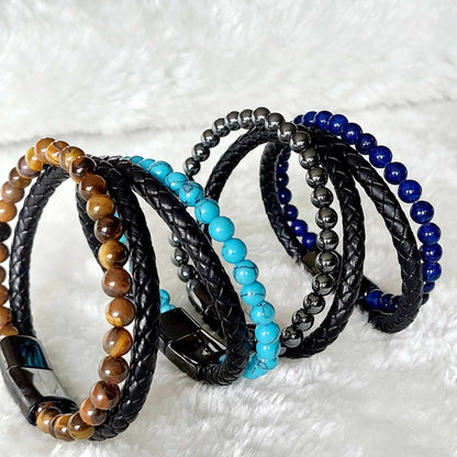 Natural Stone Leather Bracelets for Men with Hematite, Lapis, Turquoise or Tiger Eye