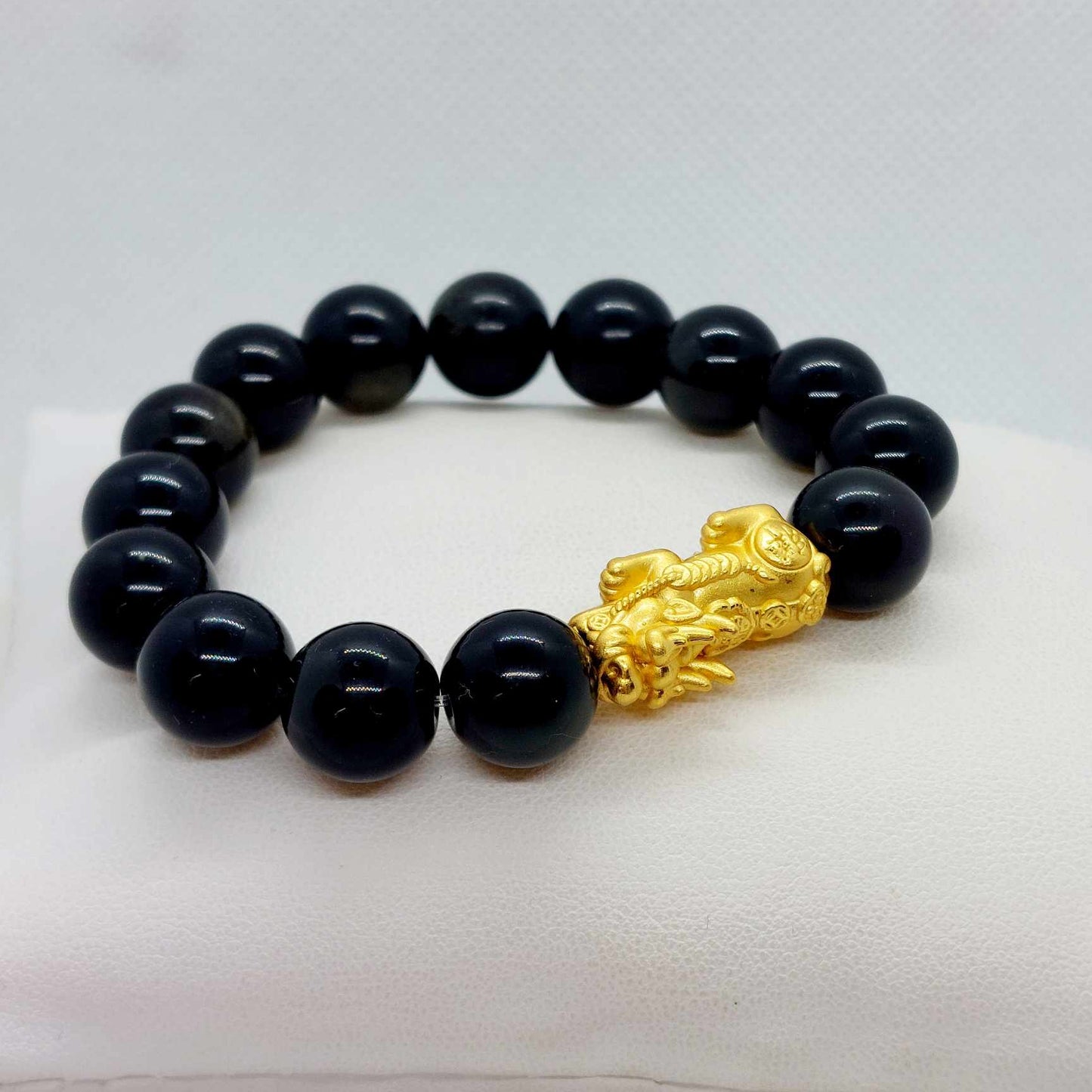 Natural Golden Obsidian with Large Silver Pixiu Bracelet in 12mm Stones