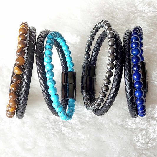 Natural Stone Leather Bracelets for Men with Hematite, Lapis, Turquoise or Tiger Eye