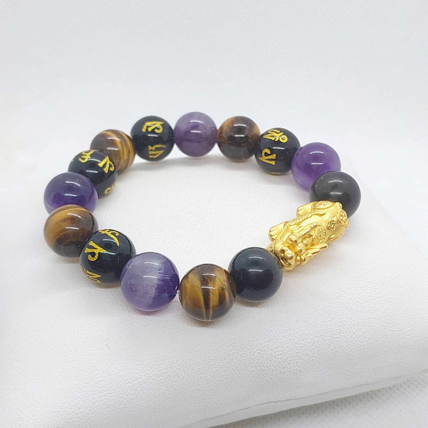 Natural Stone Protection Bracelet with Large Silver Pixiu in 12mm Stones Obsidian, Amethyst, Tiger Eye