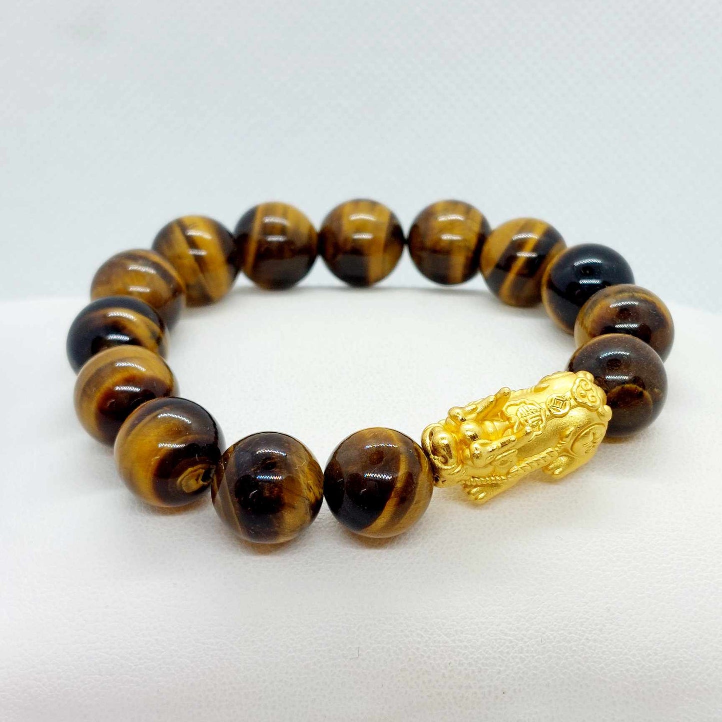 Natural Tiger Eye with Large Silver Pixiu Bracelet in 12mm Stones