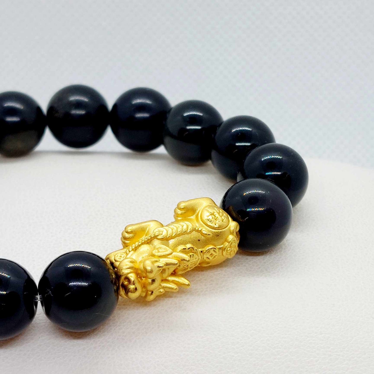 Natural Golden Obsidian with Large Silver Pixiu Bracelet in 12mm Stones