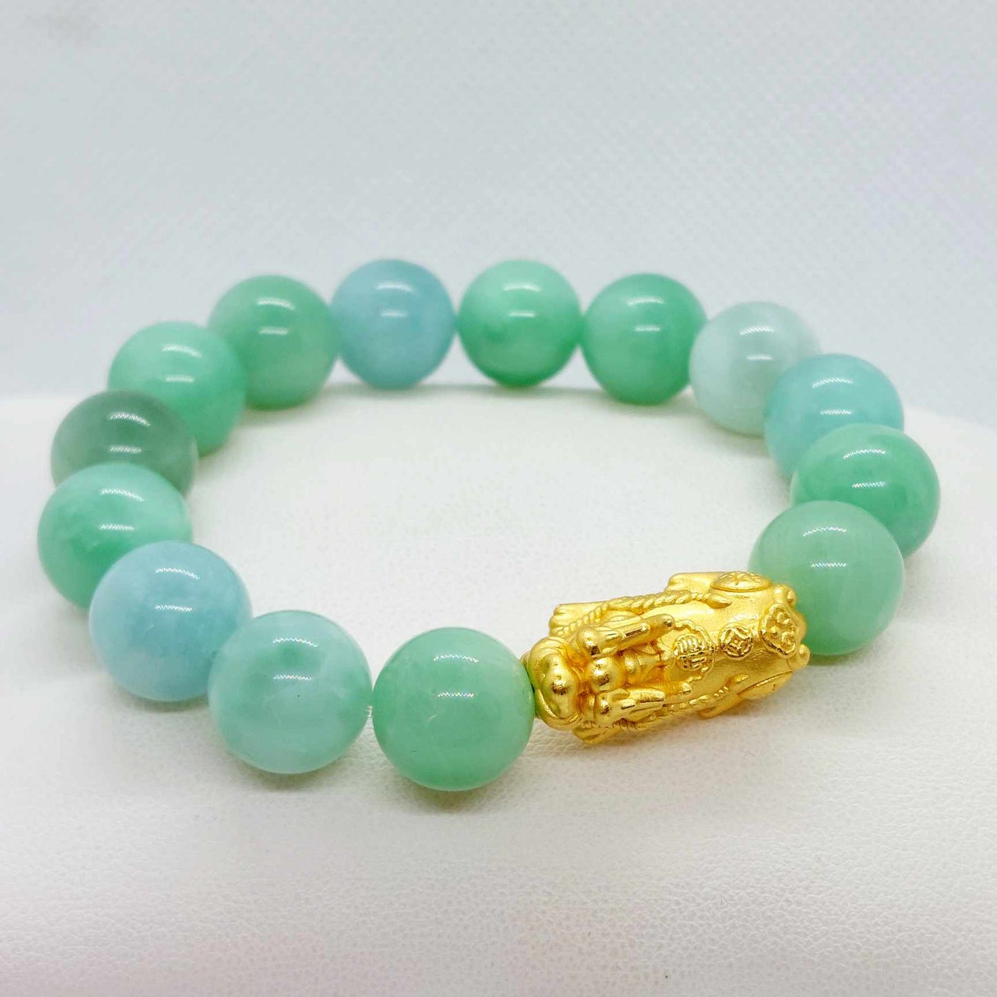 Natural Burmese Jade with Large Silver Pixiu Bracelet in 12mm Stones