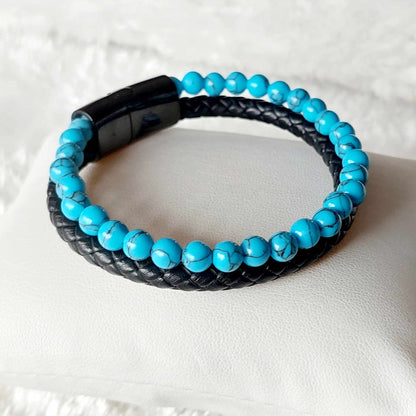 Natural Stone Leather Bracelets for Men with Hematite, Lapis, Turquoise or Tiger Eye