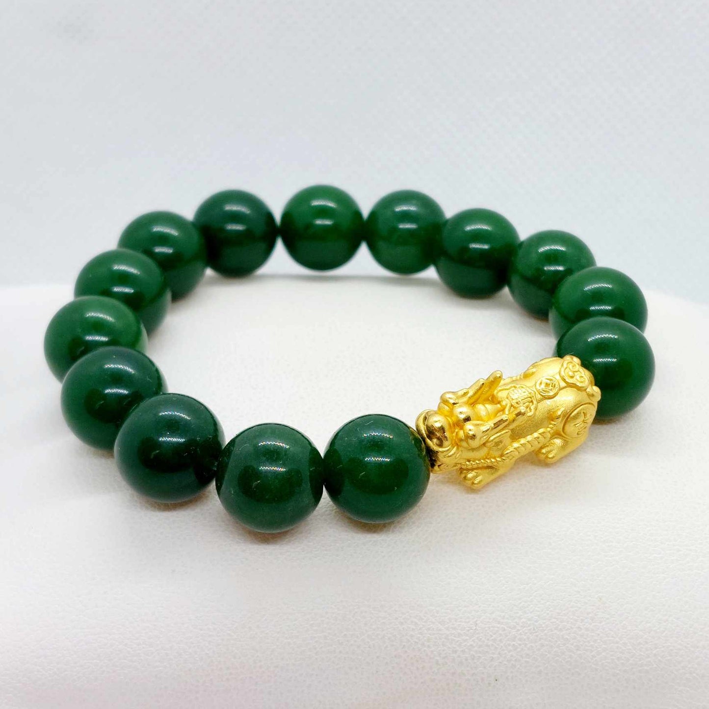 Natural Hetian Jade with Large Silver Pixiu Bracelet in 12mm Stones