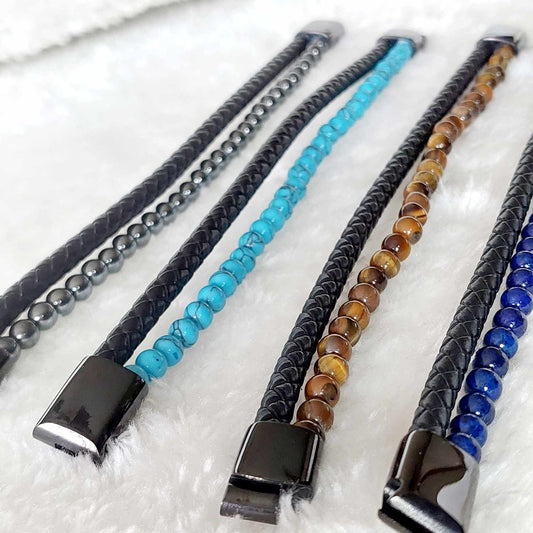 Natural Stone Leather Bracelets for Men with Hematite, Lapis, Turquoise or Tiger Eye