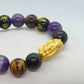 Natural Stone Protection Bracelet with Large Silver Pixiu in 12mm Stones Obsidian, Amethyst, Tiger Eye