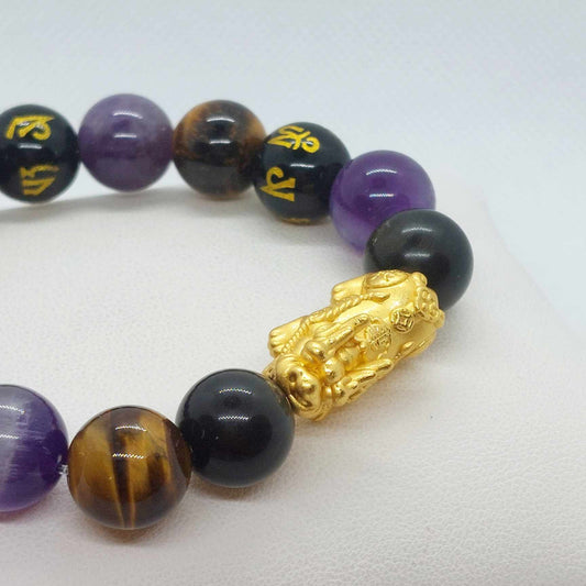 Natural Stone Protection Bracelet with Large Silver Pixiu in 12mm Stones Obsidian, Amethyst, Tiger Eye