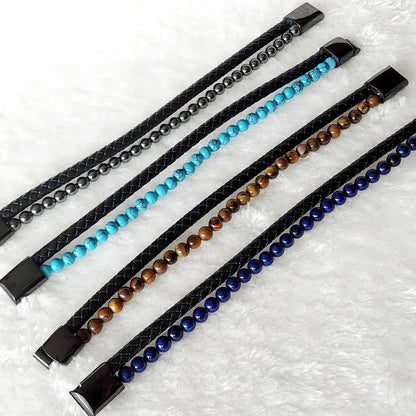 Natural Stone Leather Bracelets for Men with Hematite, Lapis, Turquoise or Tiger Eye