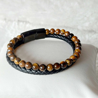 Natural Stone Leather Bracelets for Men with Hematite, Lapis, Turquoise or Tiger Eye