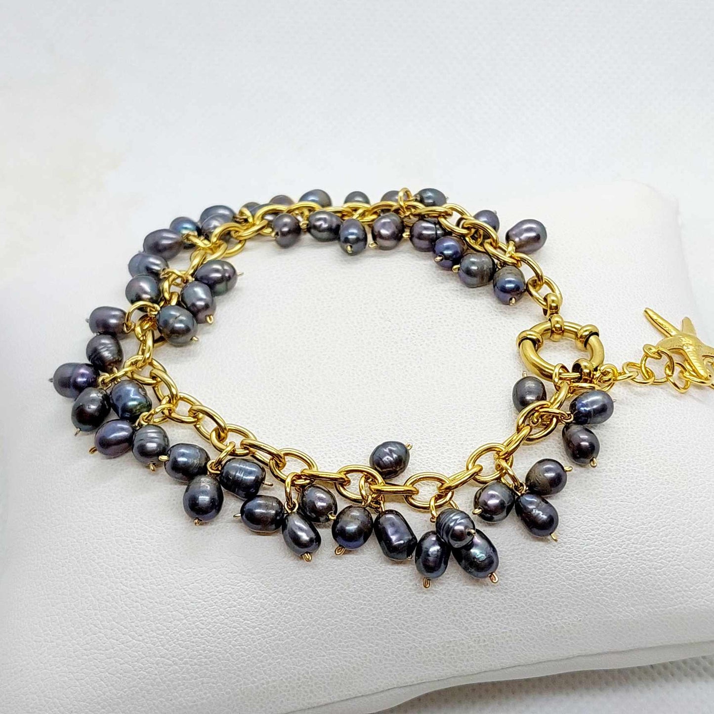 Natural Freshwater Dark Grey Pearl Bracelet in Gold Plated Stainless Steel