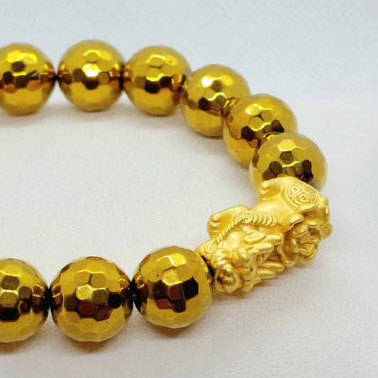 Natural Golden Hematite Bracelet with Large Pixiu in 12mm Stones