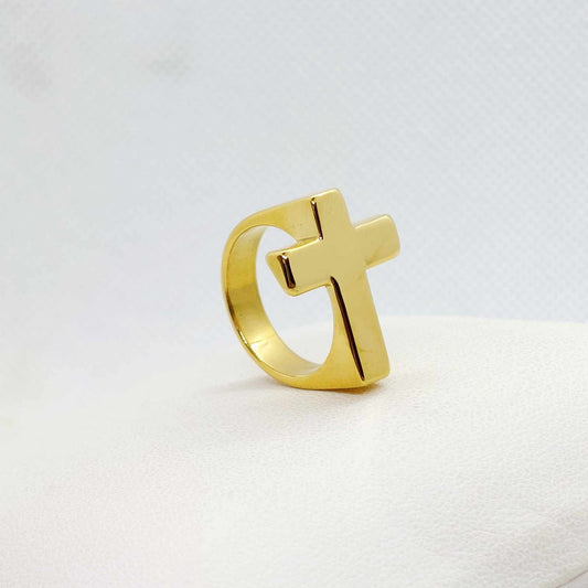 Large Cross Ring Stainless Steel Gold Plated