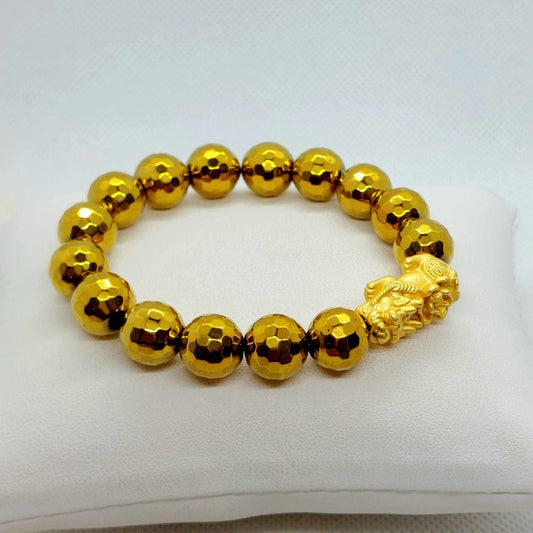 Natural Golden Hematite Bracelet with Large Pixiu in 12mm Stones