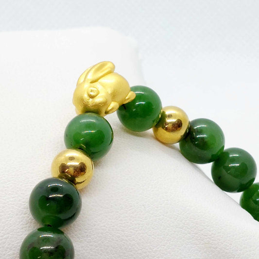 Natural Hetian Jade with Silver Bunny Rabbit Bracelet in 10mm Stones