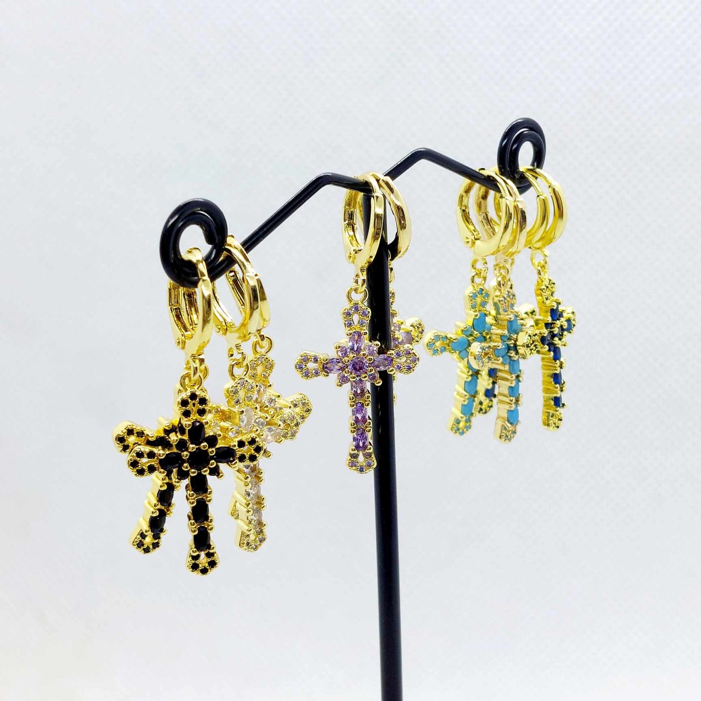 Cubic Zirconia Cross Earrings in Gold Plated Stainless Steel