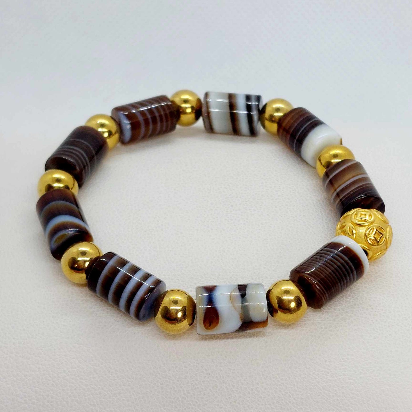 Natural Tibetan Bamboo Banded Agate Mini Set in Gold Plated Stainless Steel