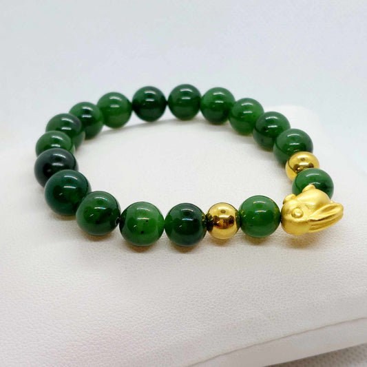 Natural Hetian Jade with Silver Bunny Rabbit Bracelet in 10mm Stones