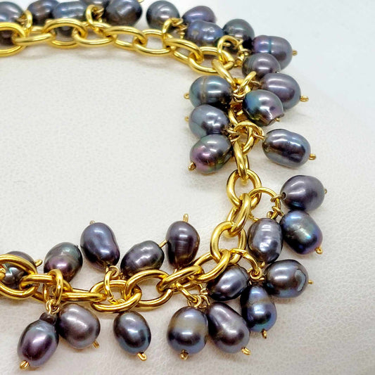 Natural Freshwater Dark Grey Pearl Bracelet in Gold Plated Stainless Steel