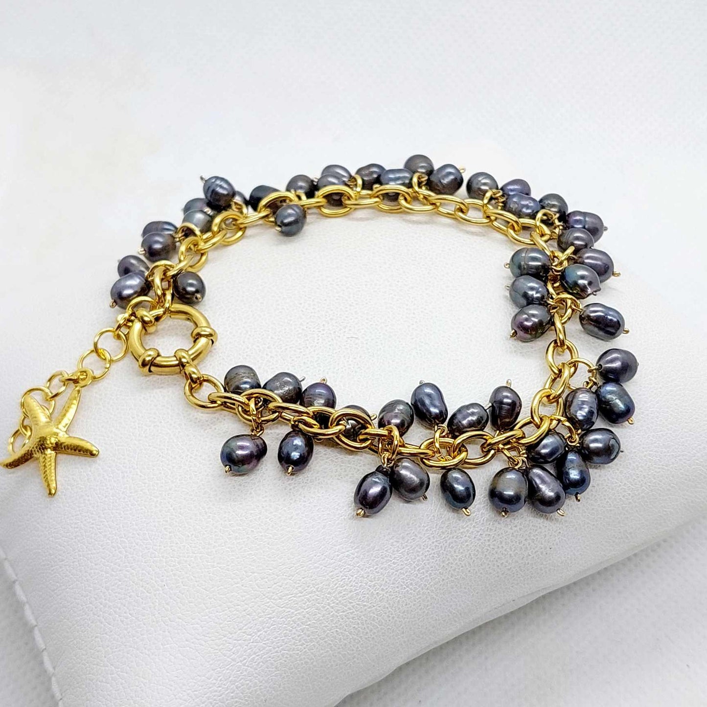 Natural Freshwater Dark Grey Pearl Bracelet in Gold Plated Stainless Steel